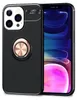 A black iPhone case with a rose gold ring stand is shown next to an iPhone displaying a colorful wallpaper. Produktbild-Vorschau