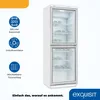 A white refrigerator with glass doors, displaying bottles inside, with feature icons and text on the left side. Produktbild-Vorschau