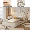A bedroom scene featuring a bed with a shell-shaped headboard, with close-up insets showing material details and dimensions. Anteprima dell’immagine prodotto