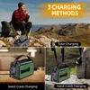 Collage showing a person using a portable radio in a mountain setting, and close-ups of the radio being charged by hand crank and solar power. Podgląd zdjęcia produktu