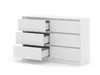 A white dresser with six drawers, three on the left side partially open, and three on the right side closed. Voir les images du produit