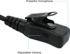 Close-up of a black walkie-talkie accessory with a clip and a volume dial, with text labels pointing to features. Produktbild-Vorschau