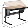 A drafting table with adjustable height and tilt, shown in a studio setting with measurements indicated. Produktbild-Vorschau