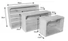 Three wooden crates of varying sizes are shown with dimensions indicated by arrows and text. Produktbild-Vorschau