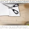 A roll of white tablecloth being cut with scissors on a wooden surface. Produktbild-Vorschau