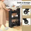A person is pushing a narrow kitchen cart with shelves in a kitchen setting. The cart is filled with bottles and jars. There are close-up images of the cart's wheels on the right side. Podgląd zdjęcia produktu