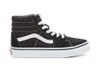 A single black Vans Sk8-Hi sneaker with white laces and a white stripe on a white background. Podgląd zdjęcia produktu