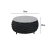 A round coffee table with a gray top and a black woven base, with dimensions indicated. Produktbild-Vorschau