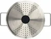 A top-down view of a stainless steel colander lid with a black handle. Podgląd zdjęcia produktu