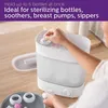 A person is using a white bottle sterilizer on a wooden countertop. Produktbild-Vorschau