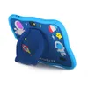 The back of a blue children's tablet with a stand, decorated with space-themed cartoon graphics. Produktbild-Vorschau