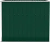 A full front view of a dark green metal shed with silver trim. Náhľad obrázku produktu
