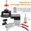 A close-up view of a jig for drilling concealed hinges, with diagrams and text explaining its features and benefits. Produktbild-Vorschau