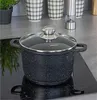 A black speckled pot with a glass lid sits on a black induction stovetop. Voir les images du produit