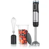 A hand blender set with a whisk attachment, a measuring cup filled with berries, and a lid, all displayed against a white background. Produktbild-Vorschau