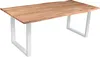 A wooden dining table with metal legs on a white background. Produktbild-Vorschau