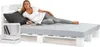 A woman is lying on a pallet bed with a book. Produktbild-Vorschau