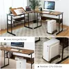 A collage of images showing an L-shaped desk with a computer setup and close-ups of its features. Podgląd zdjęcia produktu