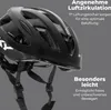 A black bicycle helmet is shown with text overlays highlighting its features. Náhľad obrázku produktu