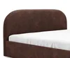 A close-up view of a brown upholstered bed frame with a white sheet on the mattress. Voir les images du produit