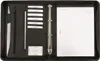 An open black ring binder portfolio with a notepad and card slots. Produktbild-Vorschau
