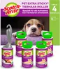 A product shot of Scotch-Brite Pet Extra Sticky Tierhaar-Roller refills and a handle, with a puppy in the background. Produktbild-Vorschau