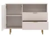 A product shot of a light-colored cabinet with gold legs, shown with one door open. Produktbild-Vorschau
