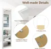 A collage of images showcasing the details of a full-length mirror, including its frame, hanging hooks, and adhesive tapes. Produktbild-Vorschau