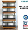 A shelving unit filled with binders, with marketing text and logos on the right side. Produktbild-Vorschau