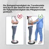An instructional image showing two scenarios of using a patient transfer disc, one with a red cross indicating incorrect use and one with a green checkmark indicating correct use. Produktbild-Vorschau