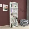 A white bookshelf filled with books and decorative items, placed against a dark red wall. Produktbild-Vorschau