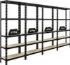 A black metal shelving unit with wooden shelves, shown in a studio setting against a white background. Produktbild-Vorschau