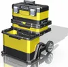 A 3D rendering of a rolling toolbox with multiple compartments and wheels. Voir les images du produit