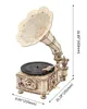 A 3D wooden model of a classical gramophone with a record on the turntable, shown against a white background with dimensions indicated. Náhľad obrázku produktu