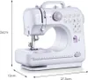 A white and purple sewing machine is shown from a front-side angle against a white background. Dimensions are indicated with lines and text. Produktbild-Vorschau