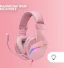 A pink gaming headset with RGB lighting is shown against a pink background, with text overlay. Produktbild-Vorschau