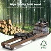 A rowing machine is shown in front of a forest and a pile of logs, with text overlay highlighting its quality and material. Produktbild-Vorschau