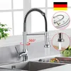 A kitchen faucet with a pull-down sprayer is shown in a sink, with inset images showing parts and water flow. Náhled obrázku produktu