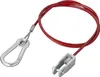 A red safety cable with a carabiner and a fork head attachment, isolated on a white background. Produktbild-Vorschau
