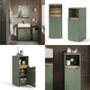 A collage of images showing a green bathroom cabinet with wood accents from different angles and in different settings. Voir les images du produit