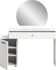 A white vanity table with a round mirror and a side cabinet with shelves. Produktbild-Vorschau