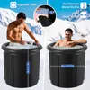 Two men are shown using a portable ice bath in a snowy outdoor environment. The image is split into two sections, with one showing a man filling the bath and the other showing a man relaxing in it. Text overlays provide product specifications. Produktbild-Vorschau