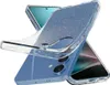 A clear phone case with glitter is shown on top of a blue smartphone. Produktbild-Vorschau