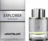 A product shot of Mont Blanc Explorer Platinum Eau de Parfum for men, shown next to its packaging. Voir les images du produit