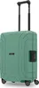A green trolley suitcase with a black retractable handle and wheels, shown against a white background.