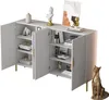 A white sideboard with gold accents, open doors revealing shelves with decorative items. Voir les images du produit