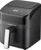 A black GOURMETmaxx digital air fryer with a white handle and a digital display on top. Produktbild-Vorschau