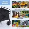 Collage of images showing a black foldable wagon and various scenarios where it can be used, such as shopping, camping, parties, picnics, and playgrounds. Podgląd zdjęcia produktu