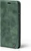 A green flip cover case for a smartphone is shown in a studio setting against a white background. Produktbild-Vorschau