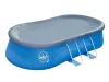 An oval-shaped blue swimming pool with a gray cover and metal ladder supports, isolated on a white background. Produktbild-Vorschau